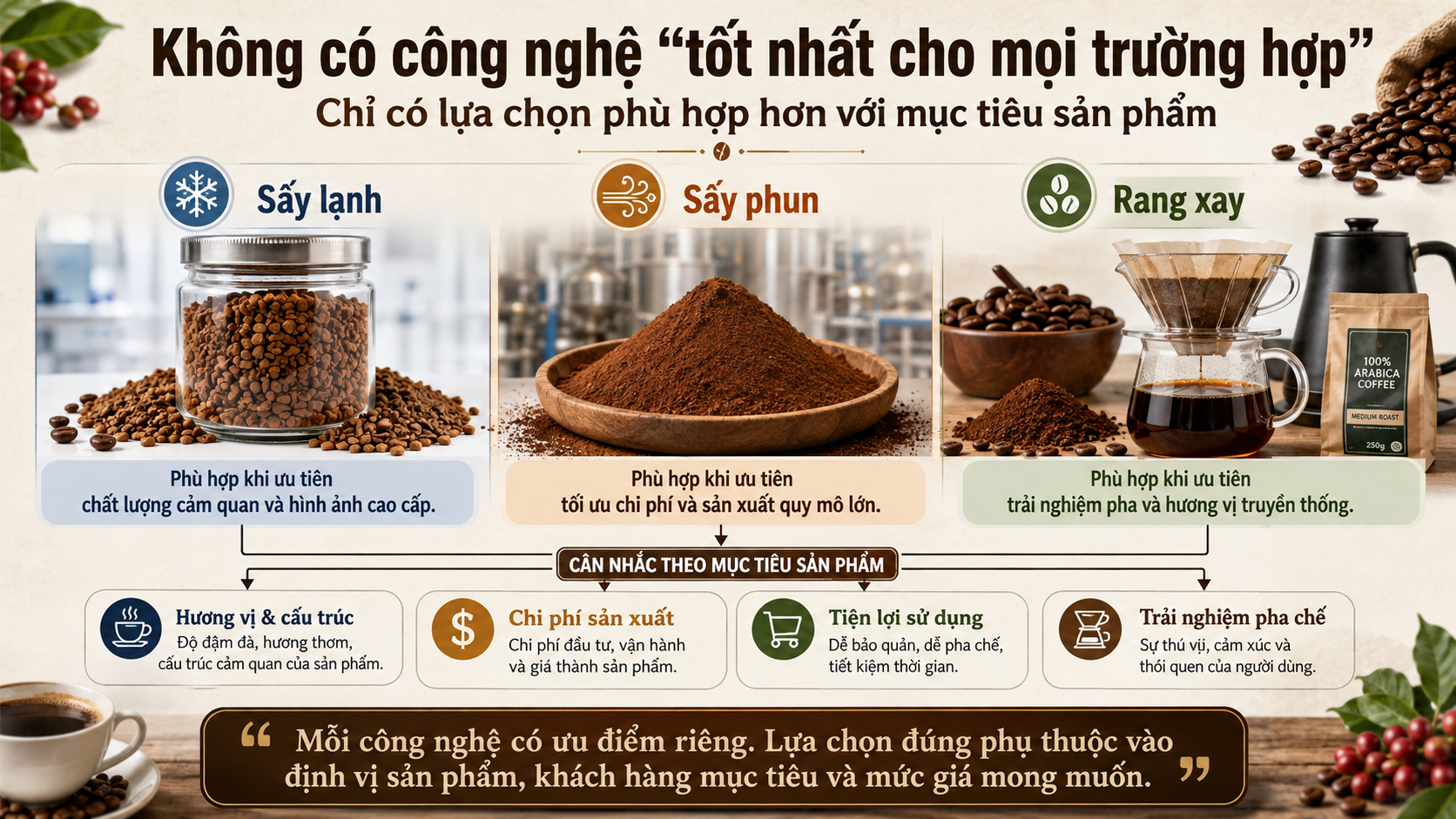So sánh định vị sản phẩm freeze dried spray dried và roasted ground